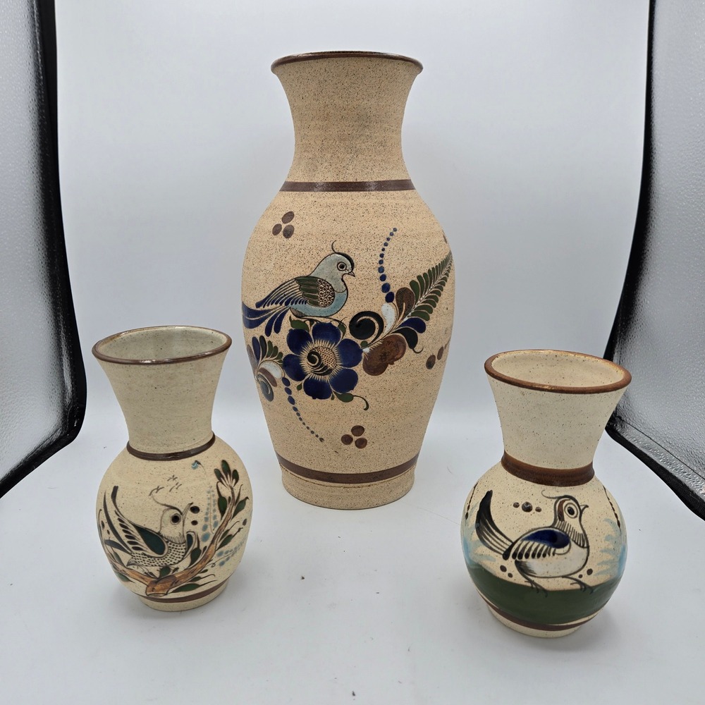 Mexican Pottery Vases Set Hand Painted Bird Floral Tan Brown Home Decor